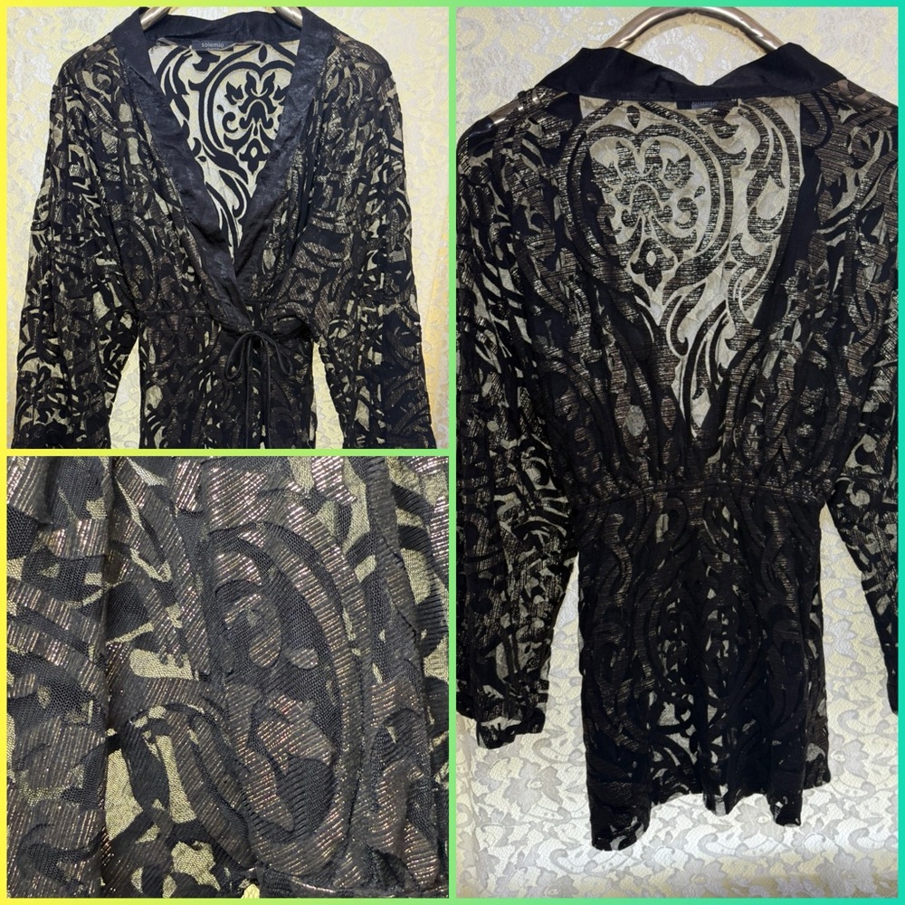 Solemio Black Gold burnout paisley kimono cardigan s/m satin